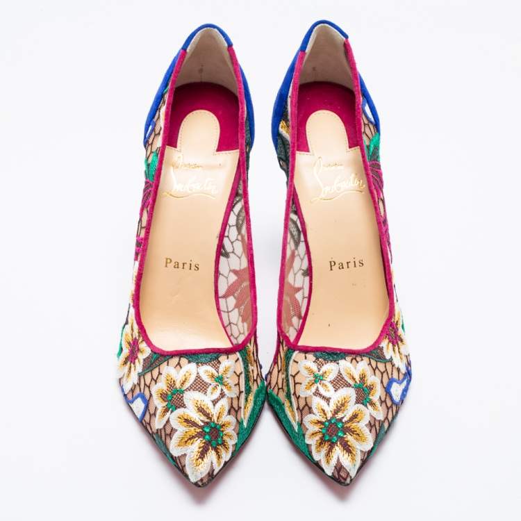 Pre Owned Christian Louboutin Multicolor Follies Lace and Suede Floral Rete Pumps Size 41