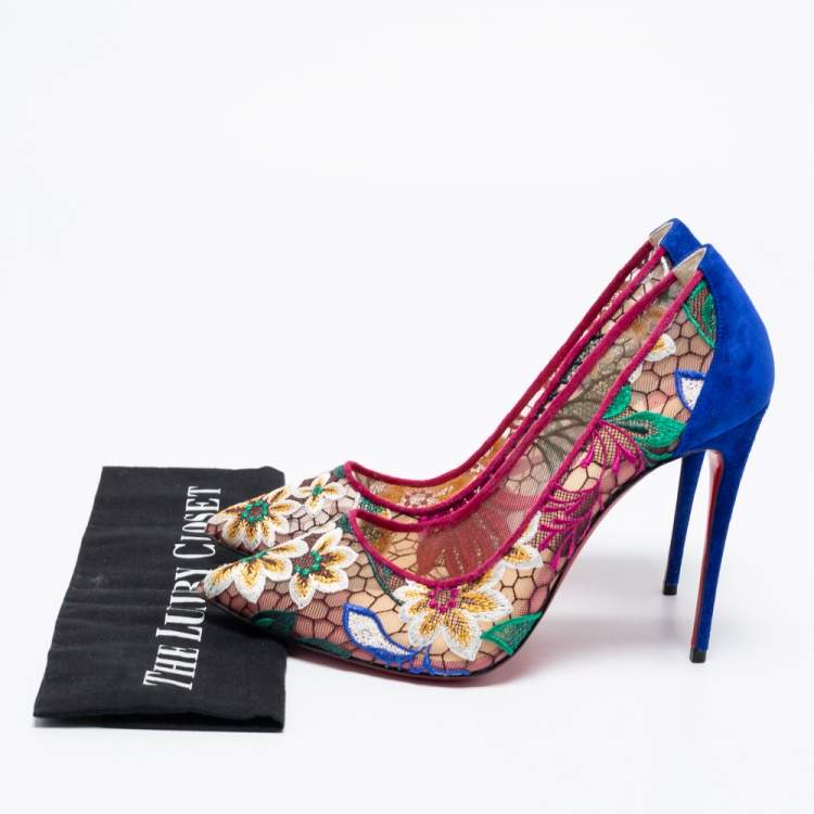 Pre Owned Christian Louboutin Multicolor Follies Lace and Suede Floral Rete Pumps Size 41
