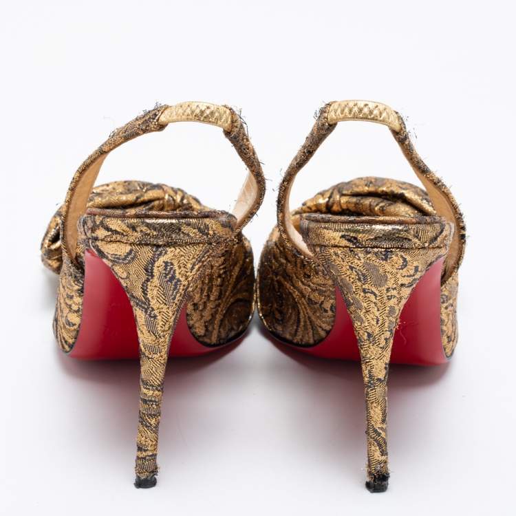 Pre Owned Christian Louboutin Gold Brocade Fabric Kirazissimo Slingback Sandals Size 37.5