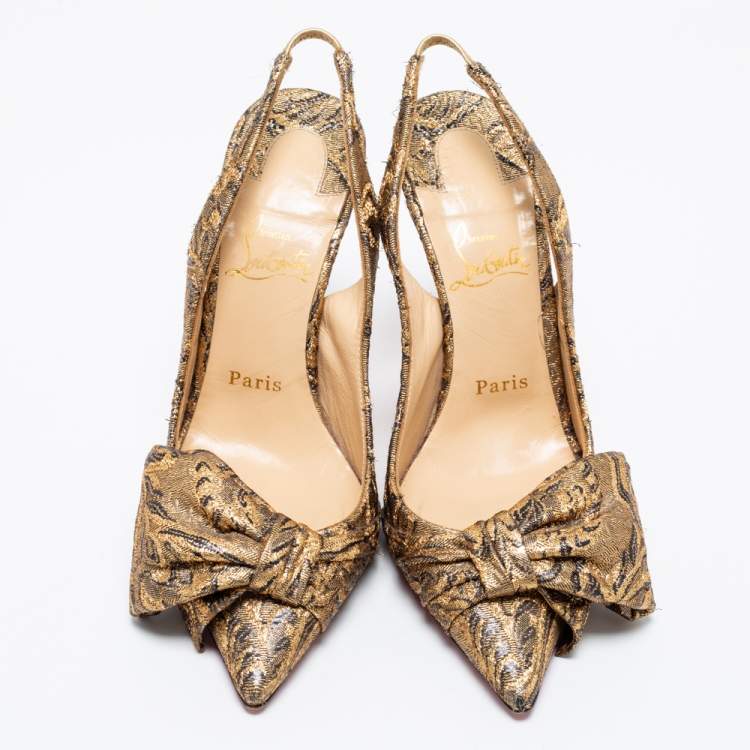 Pre Owned Christian Louboutin Gold Brocade Fabric Kirazissimo Slingback Sandals Size 37.5