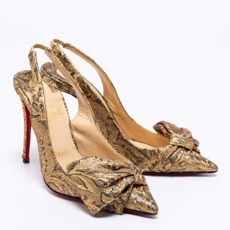 Pre Owned Christian Louboutin Gold Brocade Fabric Kirazissimo Slingback Sandals Size 37.5