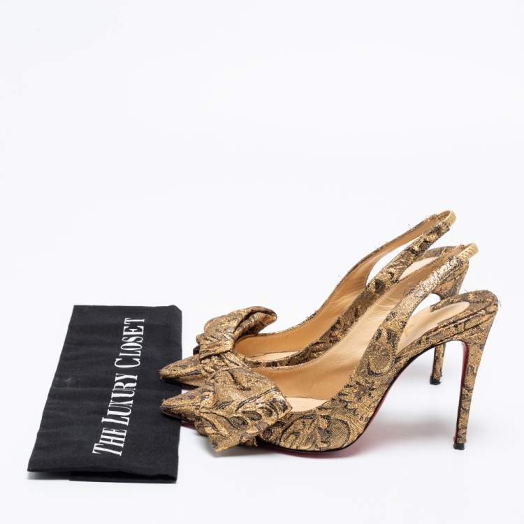 Pre Owned Christian Louboutin Gold Brocade Fabric Kirazissimo Slingback Sandals Size 37.5
