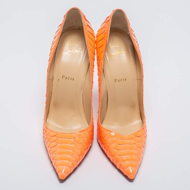 Pre Owned Christian Louboutin Neon Orange Python So Kate Pumps Size 41