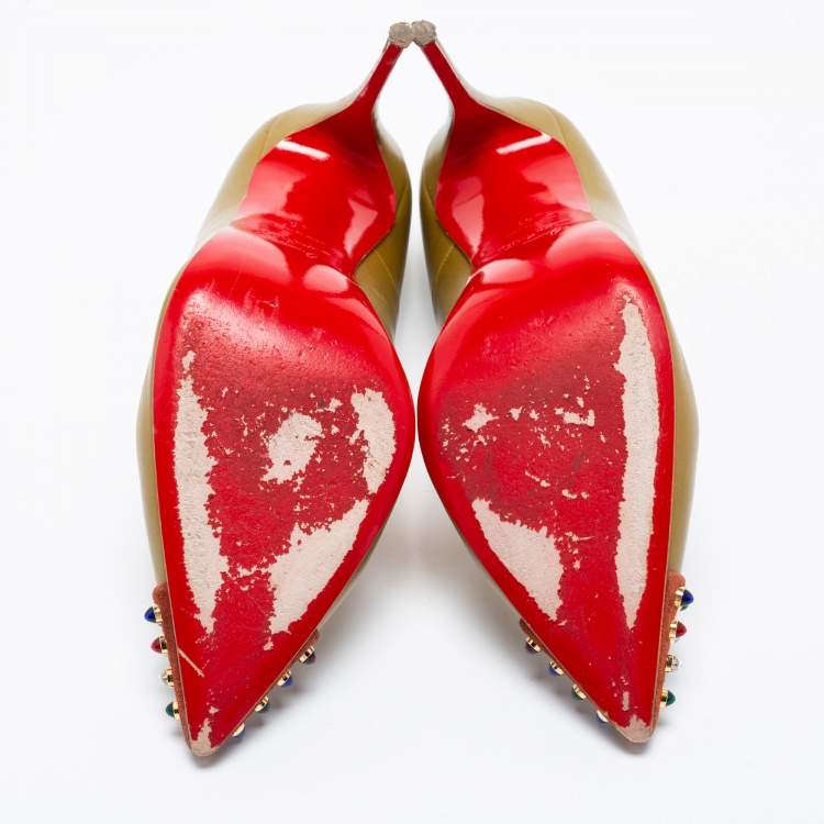 Pre Owned Christian Louboutin Olive Green/Brown Leather And Suede Cabo Embellished Pumps Size 41