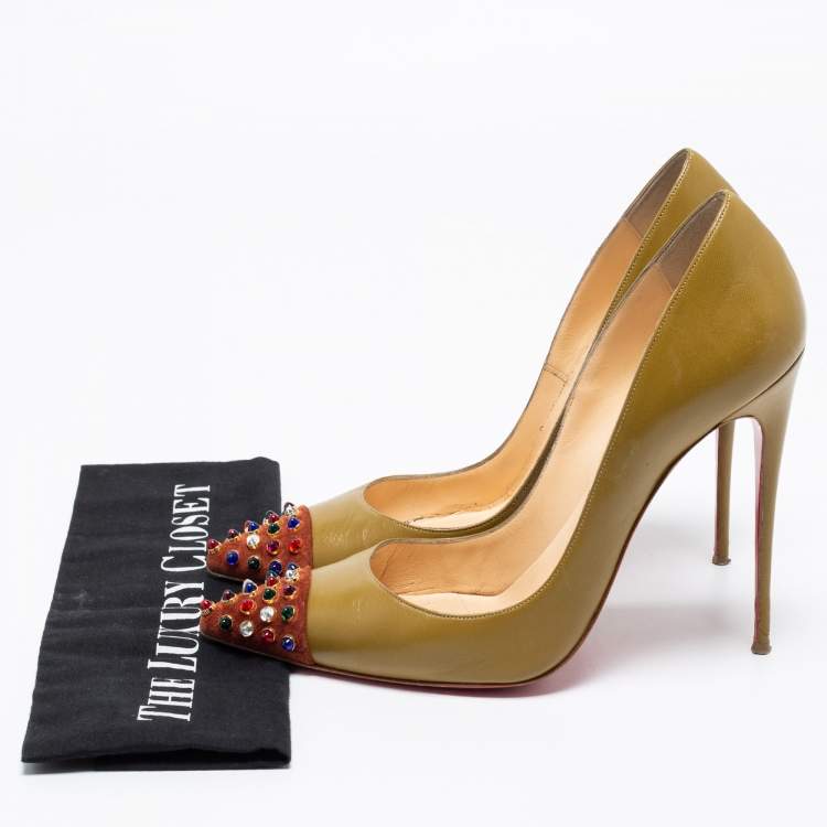 Pre Owned Christian Louboutin Olive Green/Brown Leather And Suede Cabo Embellished Pumps Size 41