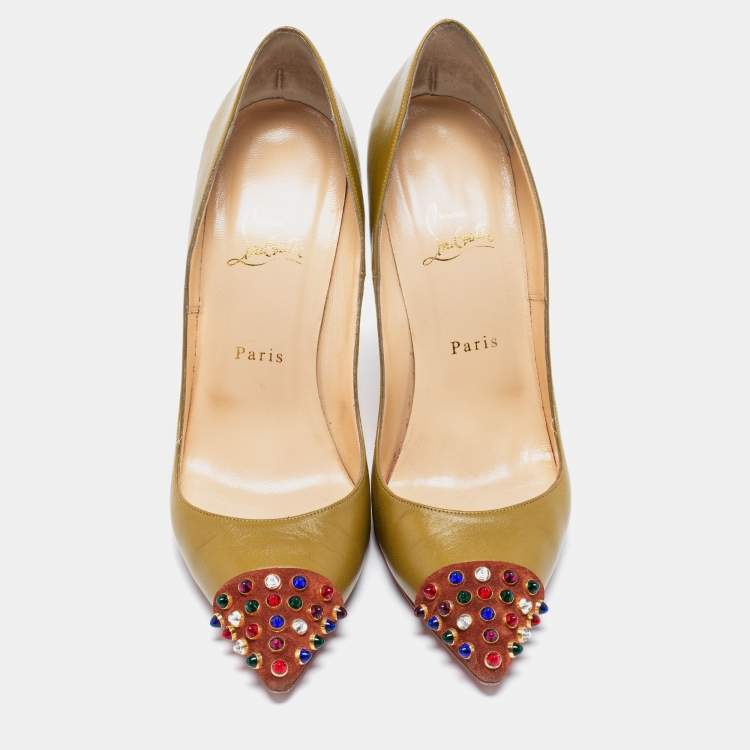 Pre Owned Christian Louboutin Olive Green/Brown Leather And Suede Cabo Embellished Pumps Size 41