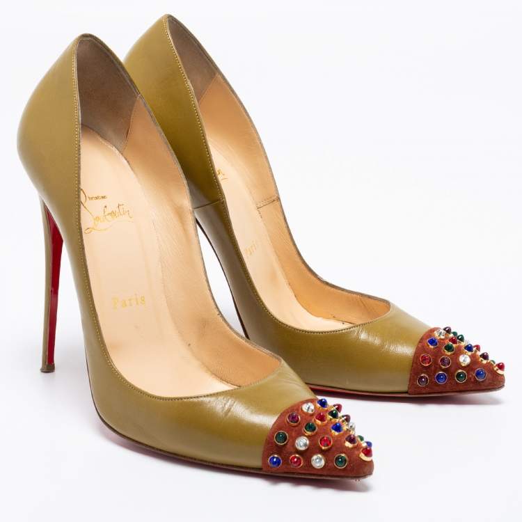 Pre Owned Christian Louboutin Olive Green/Brown Leather And Suede Cabo Embellished Pumps Size 41