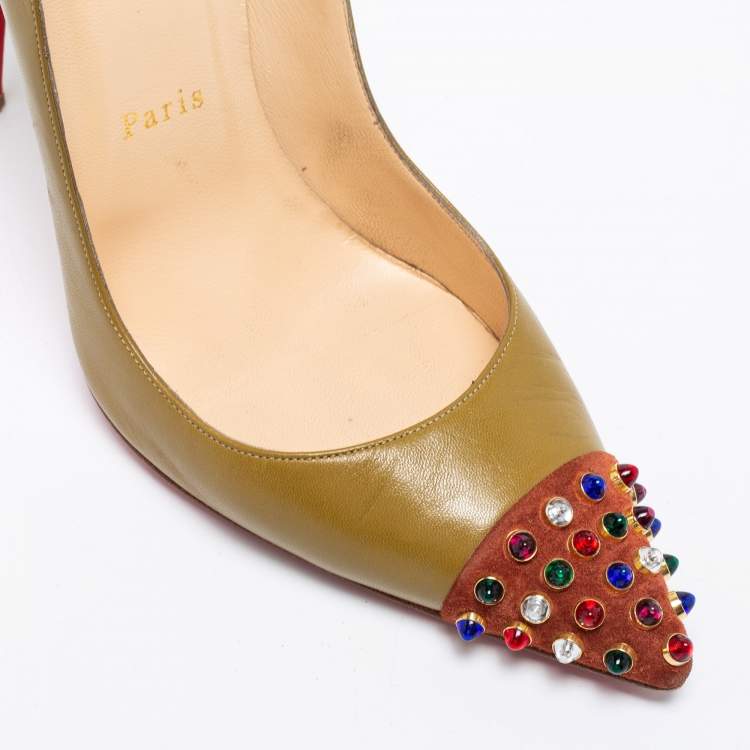 Pre Owned Christian Louboutin Olive Green/Brown Leather And Suede Cabo Embellished Pumps Size 41