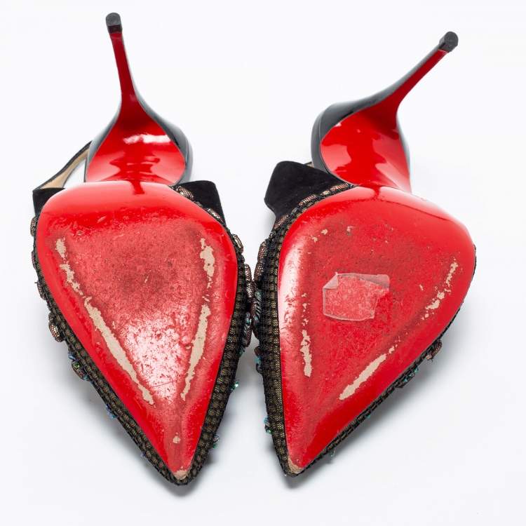 Pre Owned Christian Louboutin Black Suede And Mesh Crystal Embellished Slingback Sandals Size 41