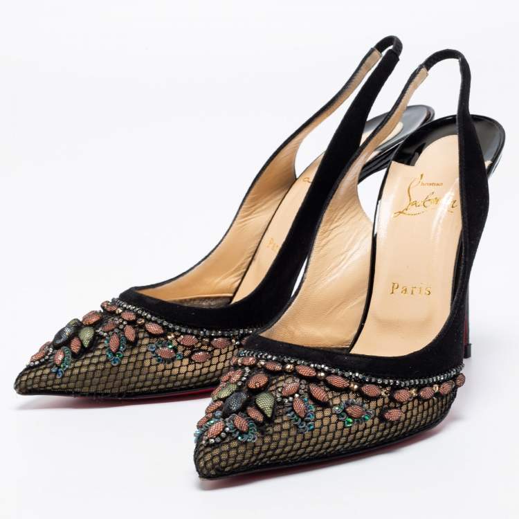 Pre Owned Christian Louboutin Black Suede And Mesh Crystal Embellished Slingback Sandals Size 41