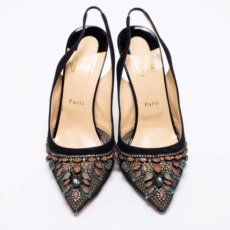 Pre Owned Christian Louboutin Black Suede And Mesh Crystal Embellished Slingback Sandals Size 41