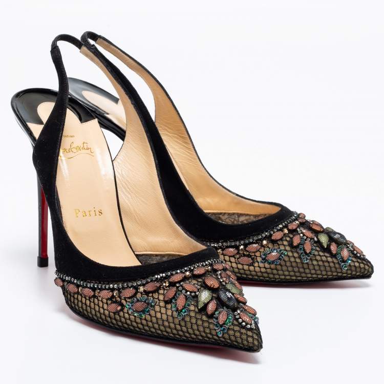 Pre Owned Christian Louboutin Black Suede And Mesh Crystal Embellished Slingback Sandals Size 41