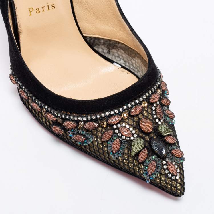 Pre Owned Christian Louboutin Black Suede And Mesh Crystal Embellished Slingback Sandals Size 41