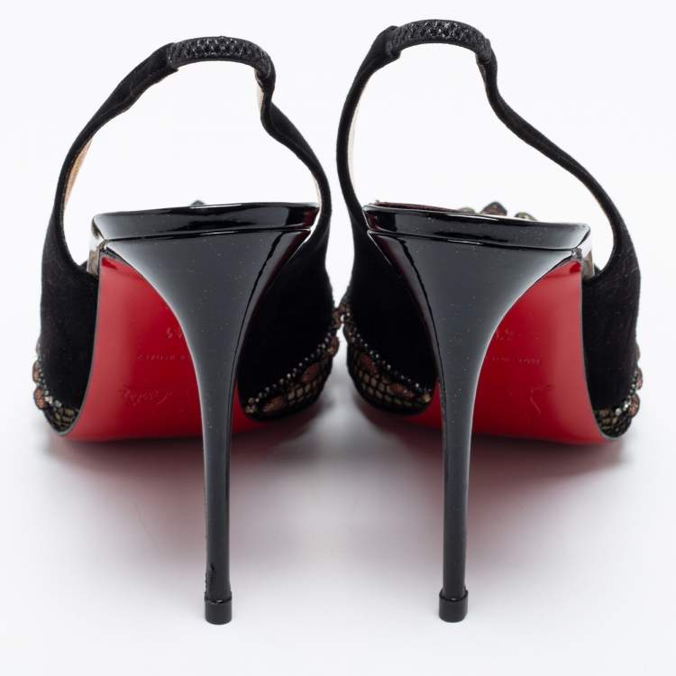 Pre Owned Christian Louboutin Black Suede And Mesh Crystal Embellished Slingback Sandals Size 41