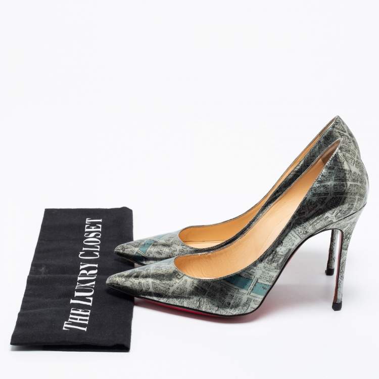 Pre Owned Christian Louboutin Metallic Monochrome Paris Map Print Patent Leather Decollete Pumps Size 36.5