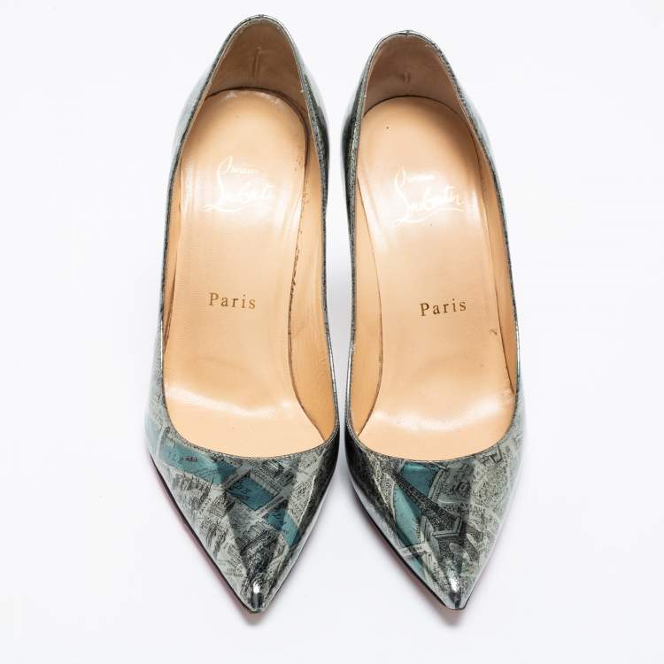 Pre Owned Christian Louboutin Metallic Monochrome Paris Map Print Patent Leather Decollete Pumps Size 36.5