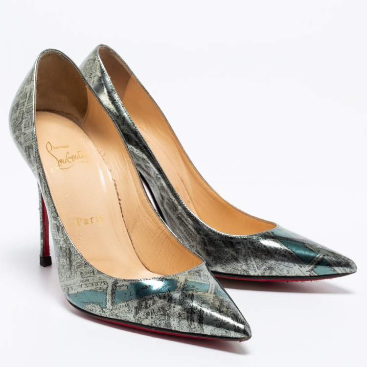 Pre Owned Christian Louboutin Metallic Monochrome Paris Map Print Patent Leather Decollete Pumps Size 36.5