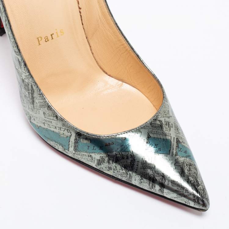 Pre Owned Christian Louboutin Metallic Monochrome Paris Map Print Patent Leather Decollete Pumps Size 36.5
