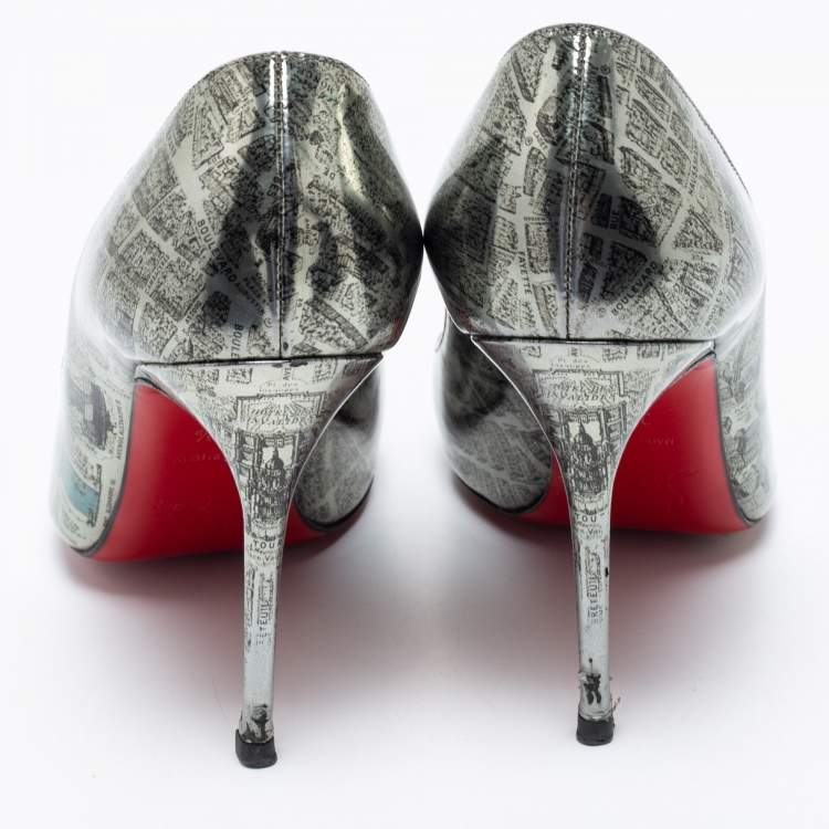 Pre Owned Christian Louboutin Metallic Monochrome Paris Map Print Patent Leather Decollete Pumps Size 36.5