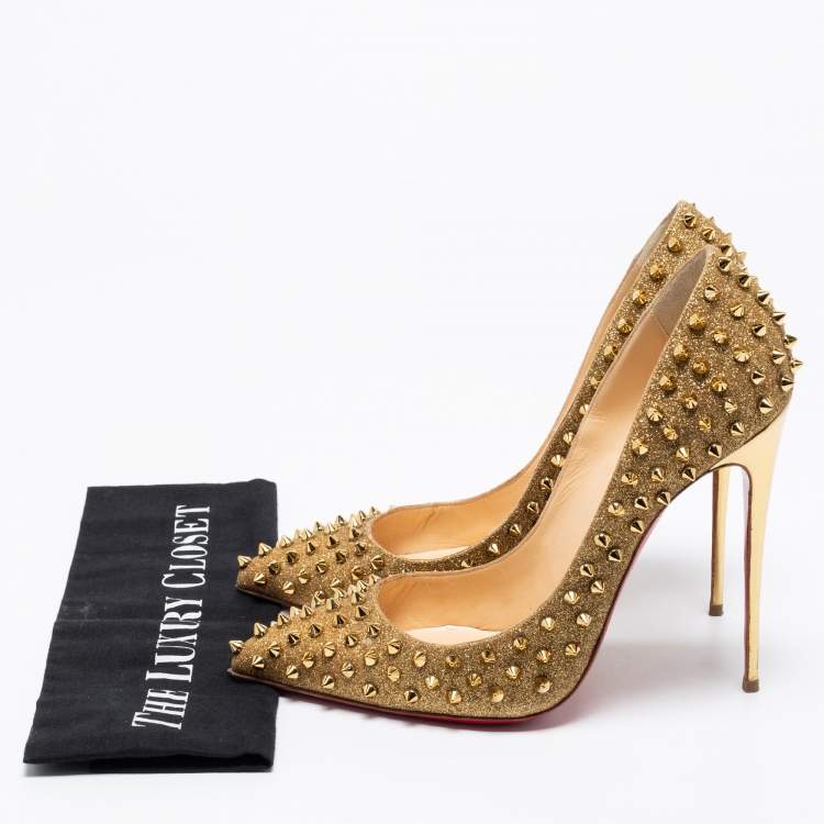 Pre Owned Christian Louboutin Gold Glitter Pigalle Follies Spikes Pumps Size 41