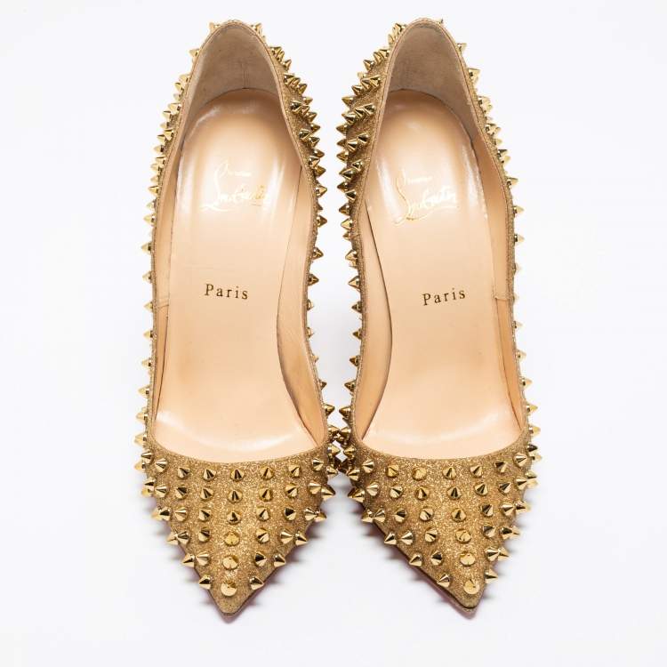 Pre Owned Christian Louboutin Gold Glitter Pigalle Follies Spikes Pumps Size 41