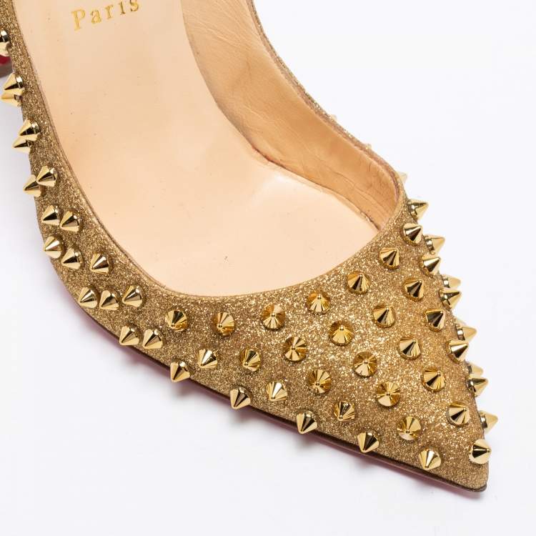 Pre Owned Christian Louboutin Gold Glitter Pigalle Follies Spikes Pumps Size 41