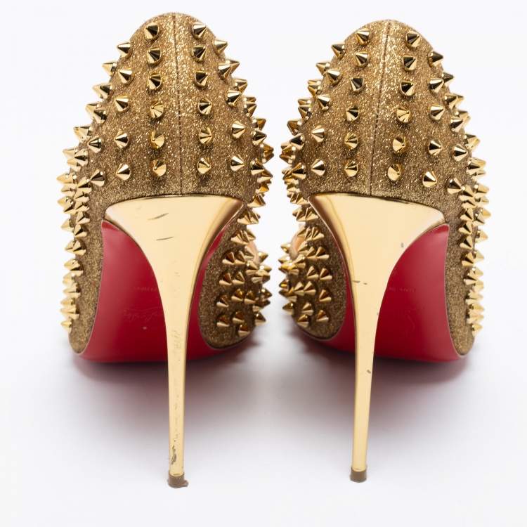 Pre Owned Christian Louboutin Gold Glitter Pigalle Follies Spikes Pumps Size 41