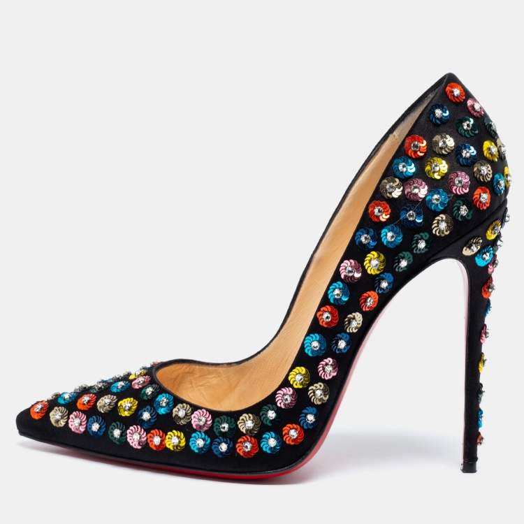 Pre Owned Christian Louboutin Black Satin Embellished Fiorilili Pumps Size 41