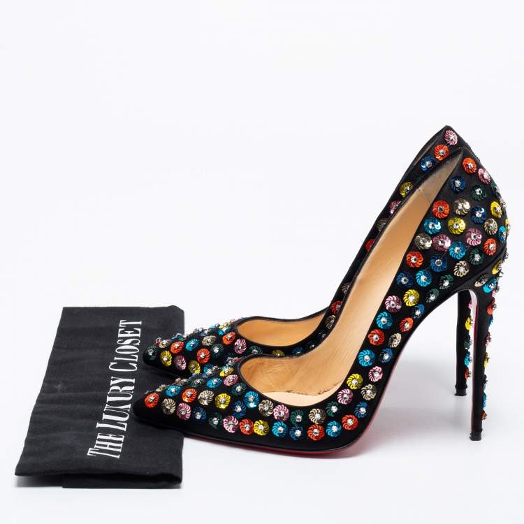 Pre Owned Christian Louboutin Black Satin Embellished Fiorilili Pumps Size 41