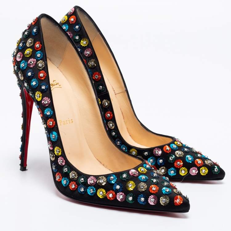 Pre Owned Christian Louboutin Black Satin Embellished Fiorilili Pumps Size 41