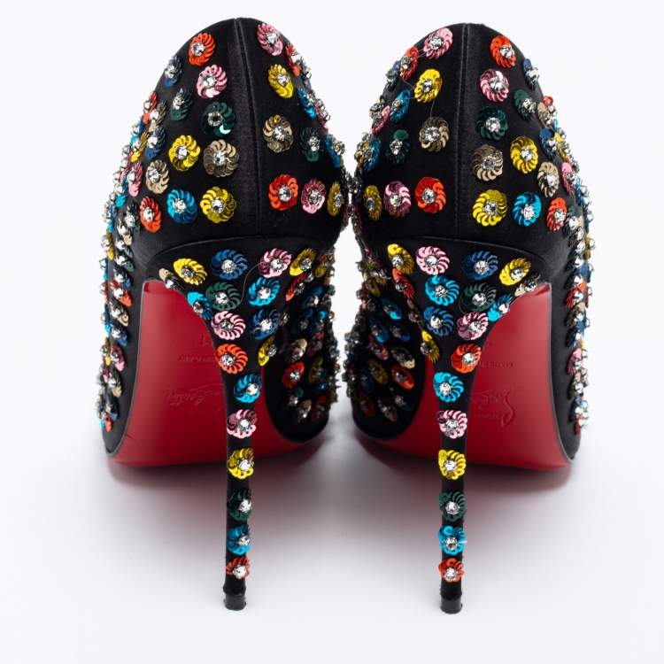 Pre Owned Christian Louboutin Black Satin Embellished Fiorilili Pumps Size 41