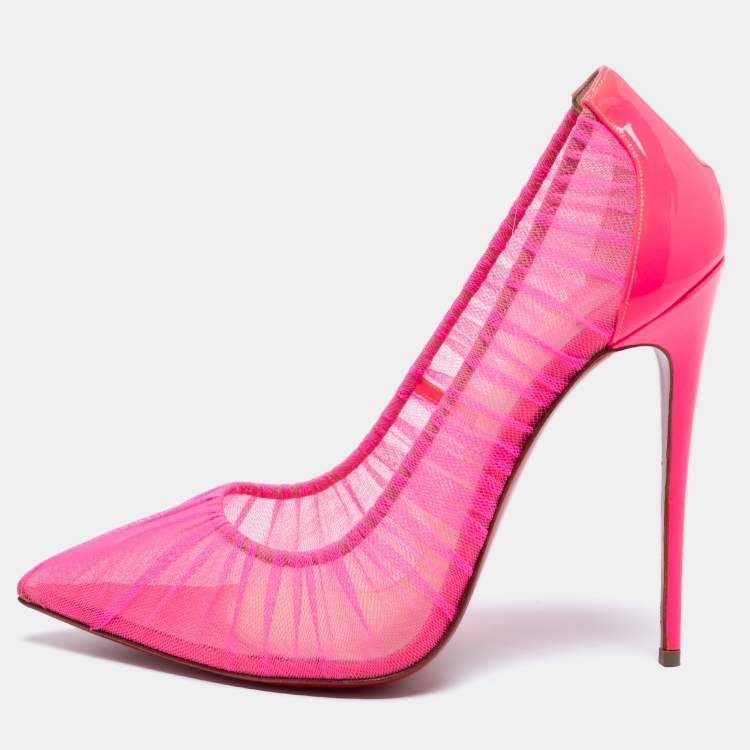 Pre Owned Christian Louboutin Neon Pink Chiffon And Patent Leather Draperia Pumps Size 41