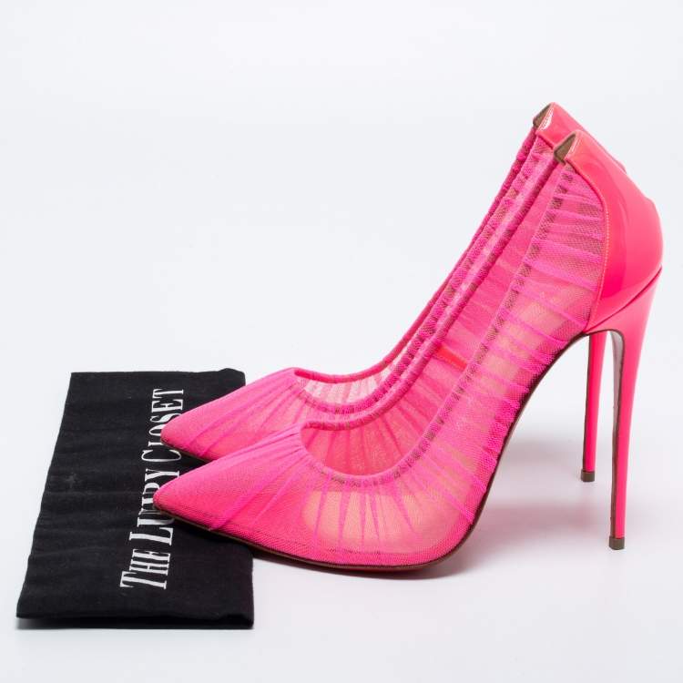 Pre Owned Christian Louboutin Neon Pink Chiffon And Patent Leather Draperia Pumps Size 41