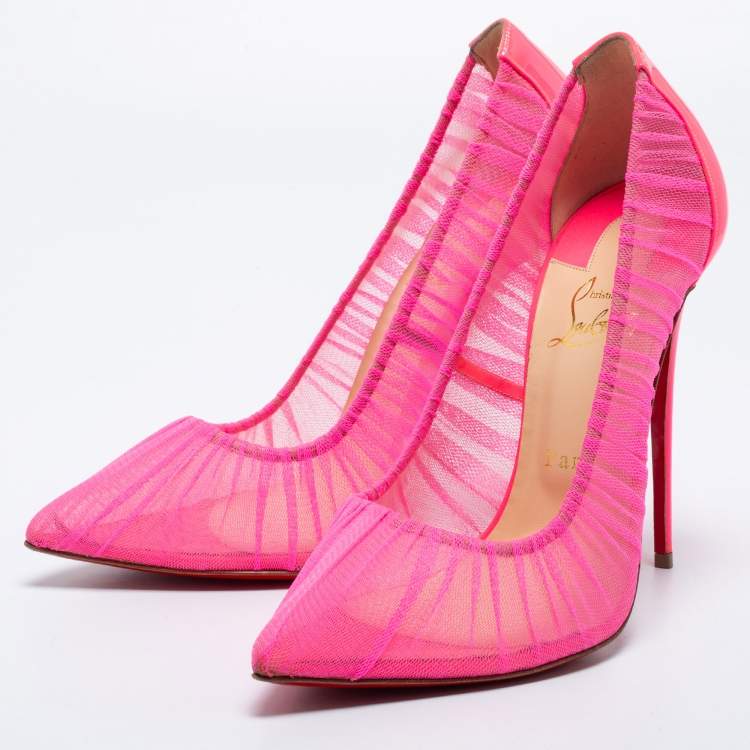 Pre Owned Christian Louboutin Neon Pink Chiffon And Patent Leather Draperia Pumps Size 41