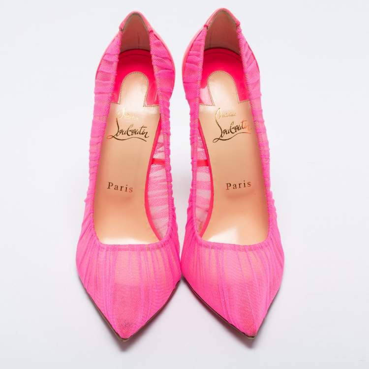 Pre Owned Christian Louboutin Neon Pink Chiffon And Patent Leather Draperia Pumps Size 41