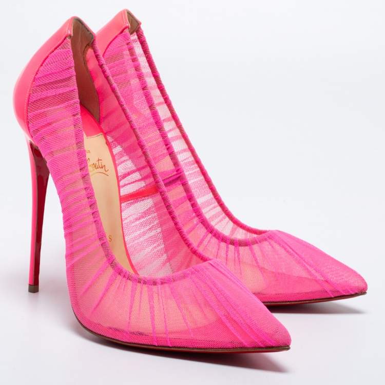 Pre Owned Christian Louboutin Neon Pink Chiffon And Patent Leather Draperia Pumps Size 41