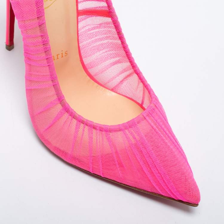 Pre Owned Christian Louboutin Neon Pink Chiffon And Patent Leather Draperia Pumps Size 41