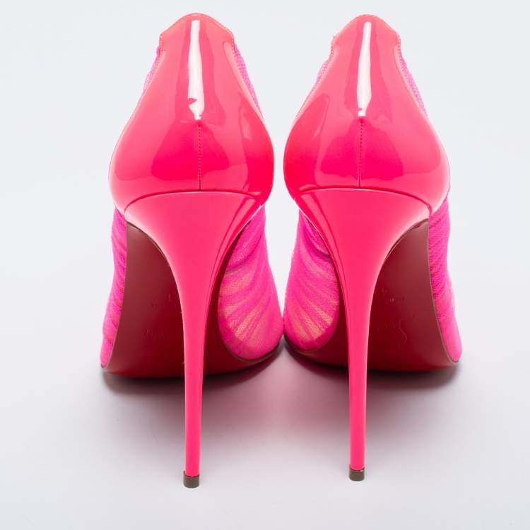 Pre Owned Christian Louboutin Neon Pink Chiffon And Patent Leather Draperia Pumps Size 41