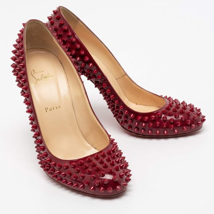 Pre Owned Christian Louboutin Burgundy Patent Leather Fifi Spikes Pumps Size 41