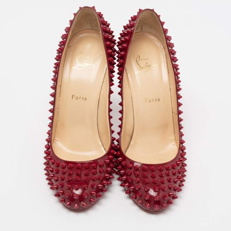 Pre Owned Christian Louboutin Burgundy Patent Leather Fifi Spikes Pumps Size 41