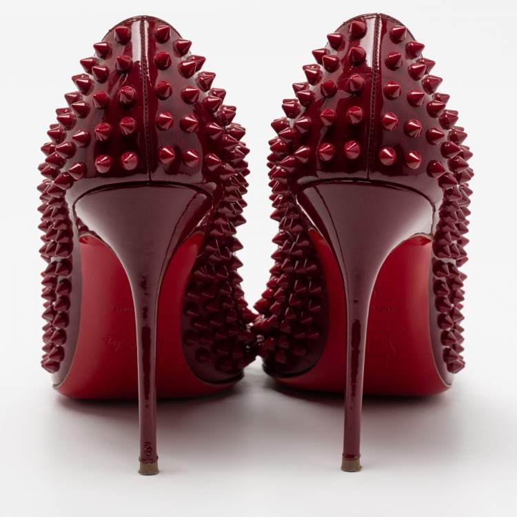 Pre Owned Christian Louboutin Burgundy Patent Leather Fifi Spikes Pumps Size 41