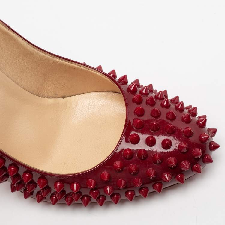 Pre Owned Christian Louboutin Burgundy Patent Leather Fifi Spikes Pumps Size 41