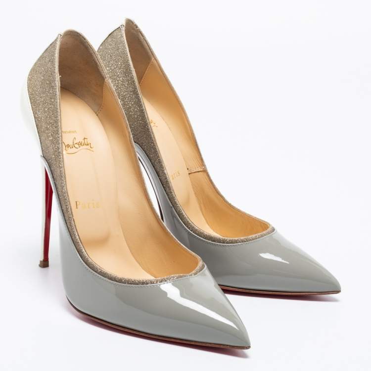 Pre Owned Christian Louboutin Grey Glitter And Patent Leather Tucsick Pumps Size 41