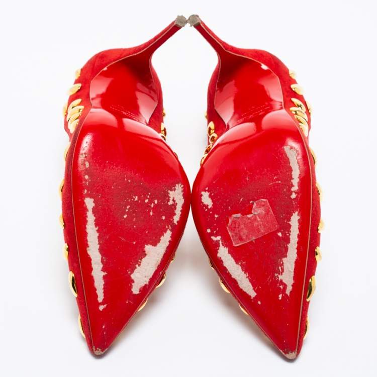 Pre Owned Christian Louboutin Red Suede Embellished Pumps Size 41