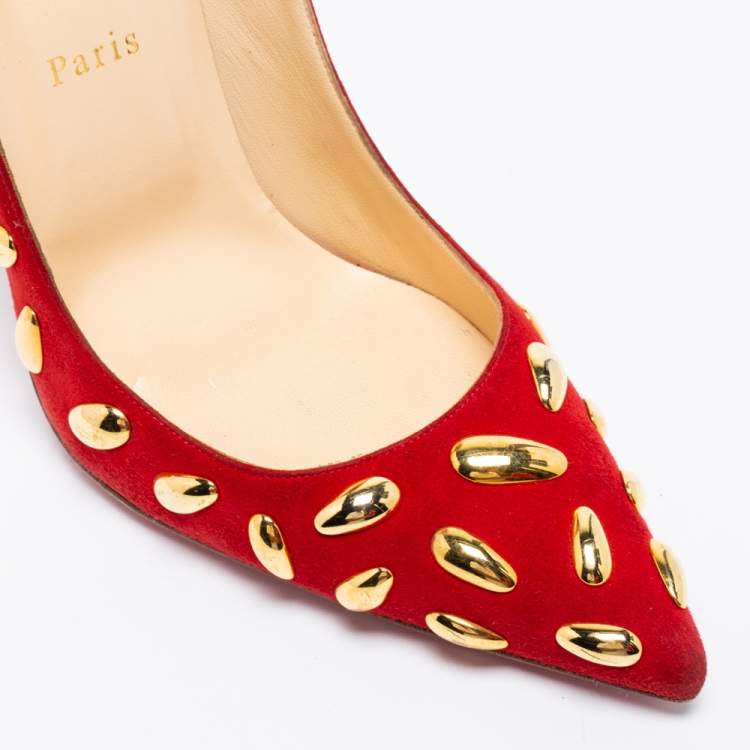 Pre Owned Christian Louboutin Red Suede Embellished Pumps Size 41