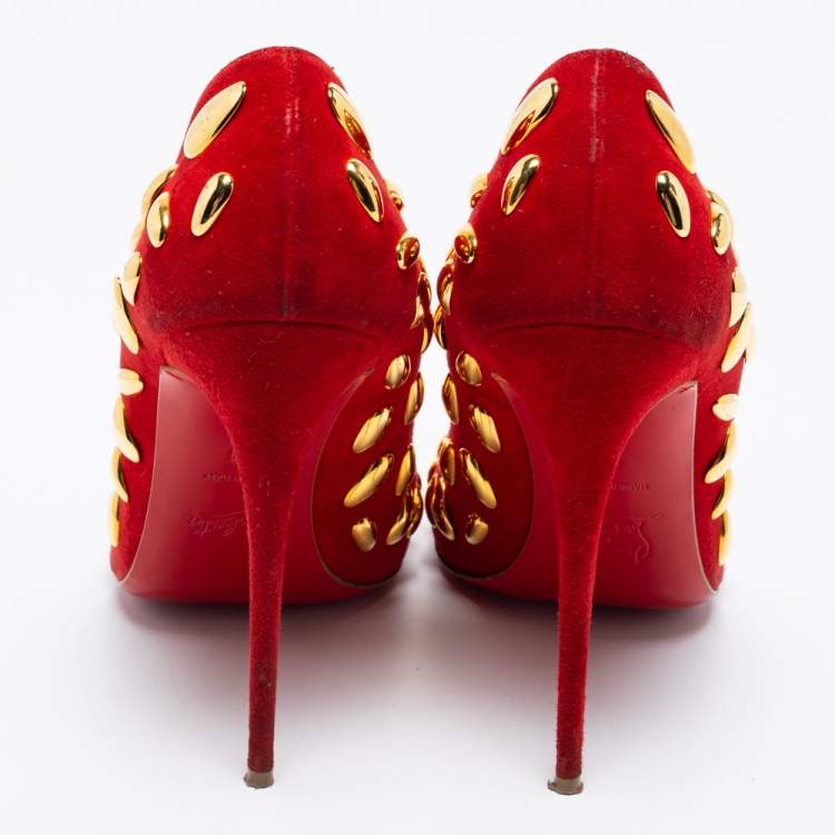 Pre Owned Christian Louboutin Red Suede Embellished Pumps Size 41