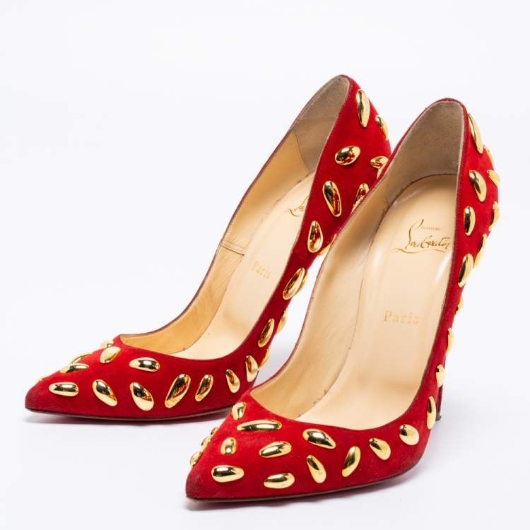 Pre Owned Christian Louboutin Red Suede Embellished Pumps Size 41