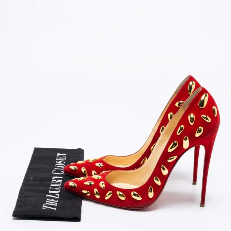 Pre Owned Christian Louboutin Red Suede Embellished Pumps Size 41