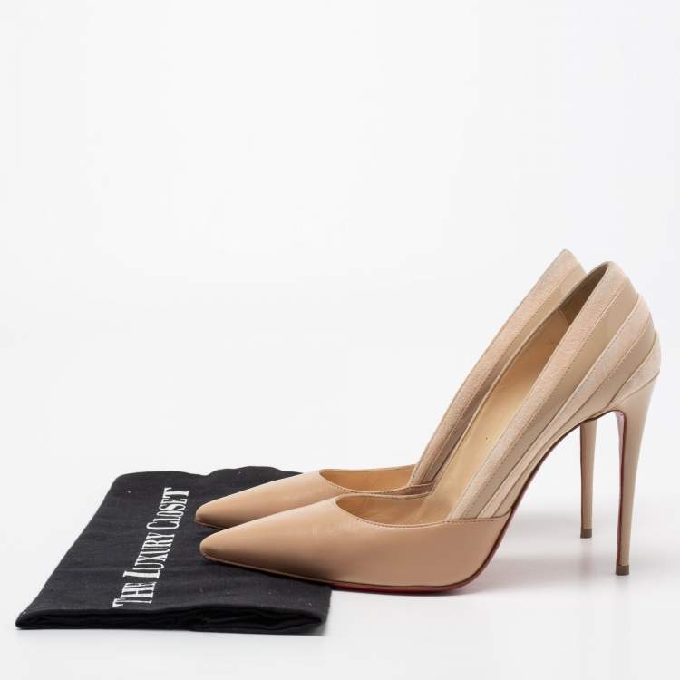 Pre Owned Christian Louboutin Beige Leather And Suede Pointed Toe Pumps Size 38