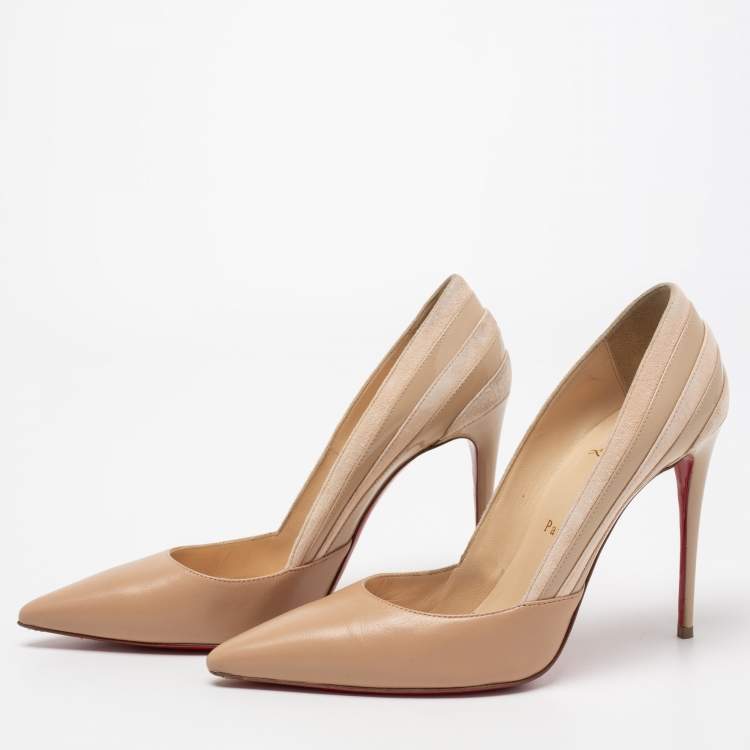 Pre Owned Christian Louboutin Beige Leather And Suede Pointed Toe Pumps Size 38